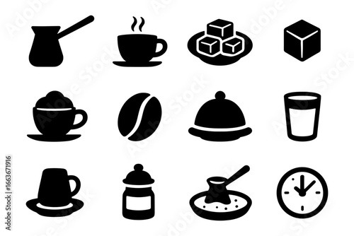 Coffee and kitchen icons: silhouette designs for cafes and menus