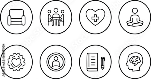 Outline icons for therapy and counseling set for mental health and wellness support
