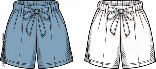 CAD drawing flat vector illustration of women's fashion shorts with front tie bow, waistband detail, side pockets, technical sketch, fashion design template, garment blueprint.