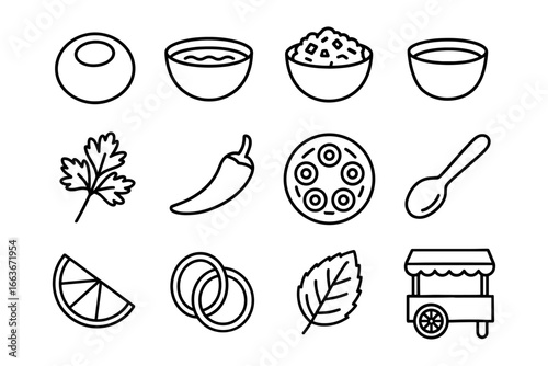 Minimalist food icons set with herbs, dishes, and market elements