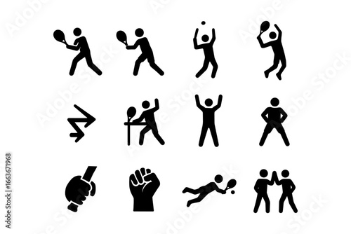 Sports silhouette icons: tennis, badminton, handball, victory and teamwork