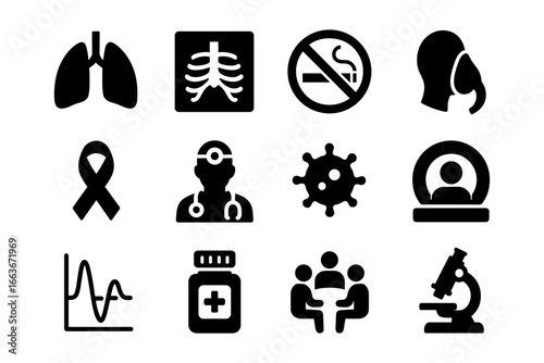 Healthcare icons set: lung silhouette, no smoking, virus, doctor, ribbon, and microscope