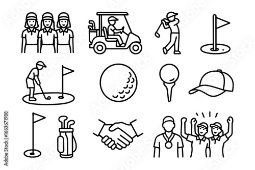 Golf enthusiast icons: players, gear, and celebrations in simple line art