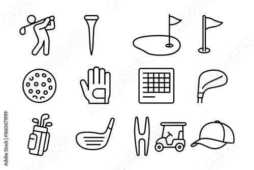 Golf icons set: outline style for sports equipment and accessories