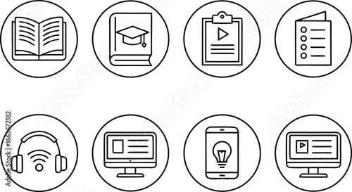 Modern outline icons for online learning and education featuring books computers and study materials