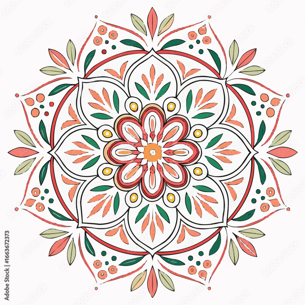 Fototapeta premium Colorful Mandala with Pink and Yellow Flowers.