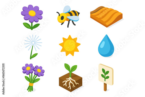 Colorful nature and ecology symbols including flowers, bee, sun, and water drop