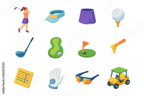 Isometric golf icons: sport equipment and accessories collection