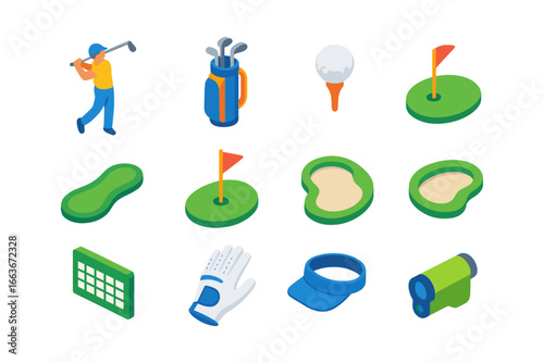 Isometric golf elements featuring golfer, equipment, and course essentials