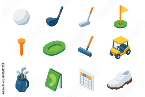 Isometric golf equipment icons set: clubs, ball, cart, and more