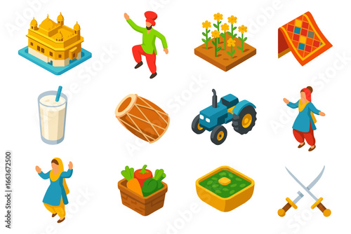Cultural icons of punjab: traditional dance, cuisine, and agriculture isometric set
