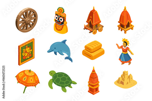 Puri-themed objects in isometric style featuring cultural icons and traditional symbols