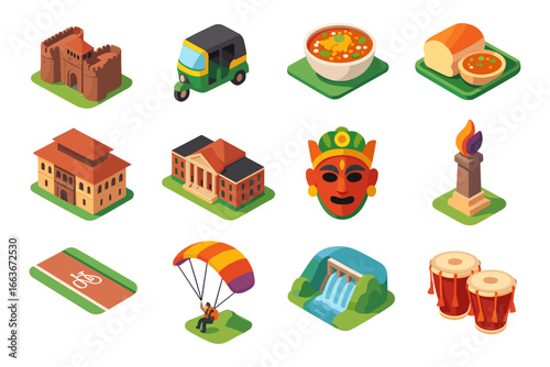 Isometric cultural and recreational icons set: food, landmarks, activities, nature