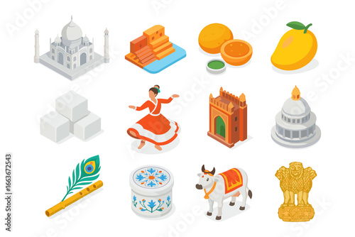 Iconic indian cultural elements in isometric design featuring dancer, monuments, and traditional items