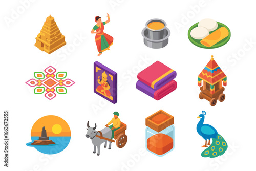 Isometric collection of indian culture: temples, dance, food, and festivals”