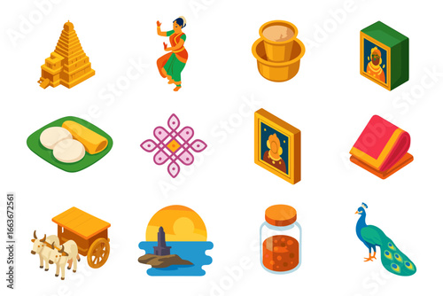 Indian culture isometric icons: traditional dance, architecture, and cuisine