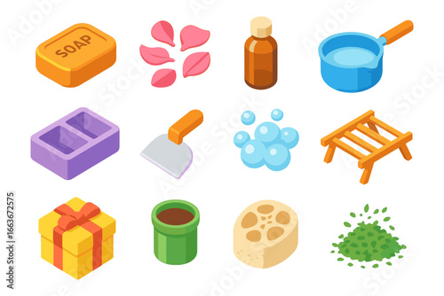 Isometric soap making supplies: ingredients, tools, and diy essentials for crafting