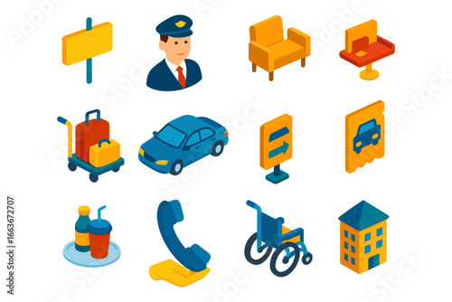 Isometric transportation and hospitality icons set with travel essentials