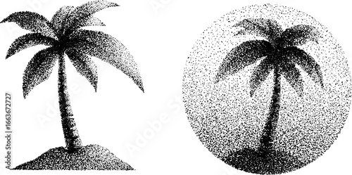 Stipple and dotwork of tiny palm trees in vintage halftone technique for tropical design