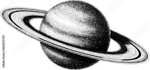 Stippling dotwork illustration of a tiny planet with rings in vintage style