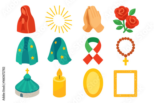 Set of religious icons and symbols with candle, prayer, and rosary elements