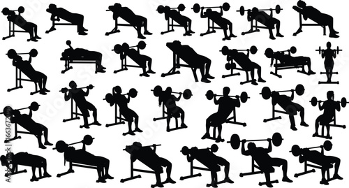 Barbell weightlifting silhouette, gym exercise poses, strength training vector, bodybuilding workout graphic, fitness sports icon, powerlifting design, athletic routine illustration, gym workout art