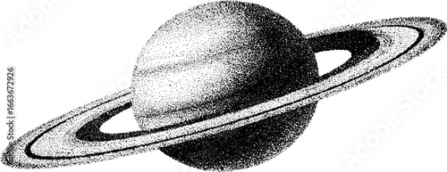 Stippling dotwork illustration of tiny saturn with rings in vintage style for artistic design