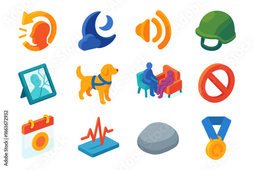 Colorful isometric icons set with various objects and activities