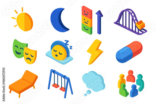 Colorful isometric icons for daily concepts and activities