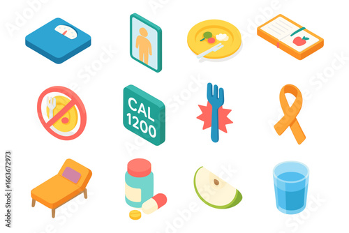 Isometric healthy lifestyle icons: diet, fitness, wellness, and nutrition essentials