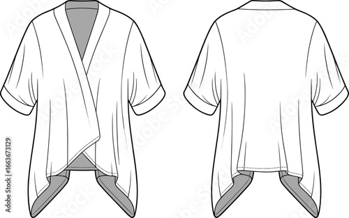 CAD drawing flat vector illustration of women's kimono top, short sleeve design, stylish casual garment template, fashion layout, front back views