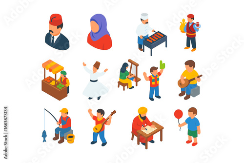 Diverse isometric people illustrations showcasing cultural activities and professions