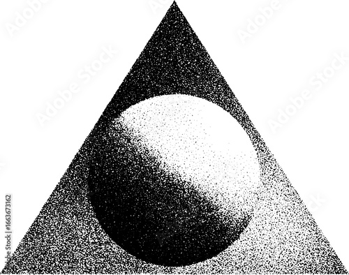 Stippling dotwork illustration of triangle sphere, vintage art design for print poster.
