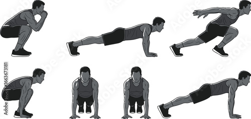 Burpee exercise silhouette, fitness training sequence, gym workout vector, strength routine graphic, athletic sports icon, functional training design, full body workout illustration