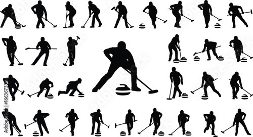 Curling Silhouettes, Curling Players Poses, Ice Curling Sport, Curling Stone Delivery, Curling Sweepers, Winter Sports Silhouettes