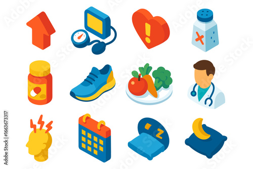 Colorful isometric icons representing health, nutrition, fitness, and wellness in modern design