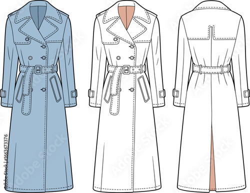 Cad drawing flat vector illustration of women's long trench coat, fashion technical sketch, front and back view, stylish outerwear design.