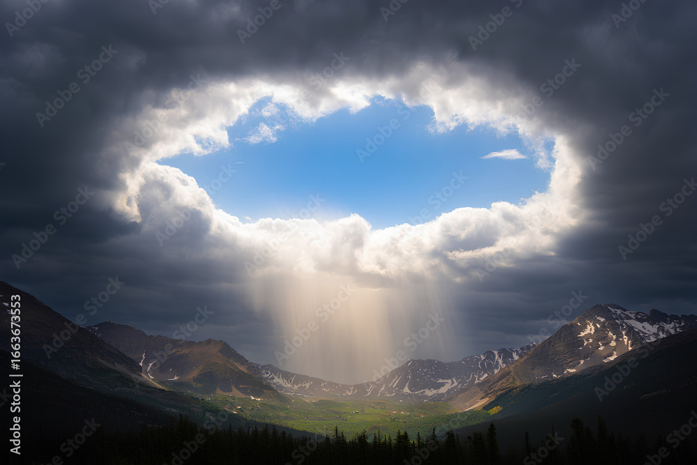 Fototapeta premium Dramatic hole in dark storm clouds, swirling sky with thunderstorm and turbulence, majestic natural cloudscape, mysterious light breaking through, epic atmospheric scene, fantasy sky background