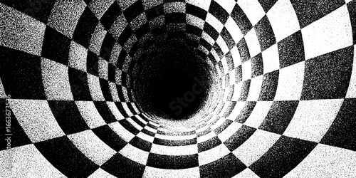 Optical illusion tunnel with trippy checkered pattern in stipple dotwork for design