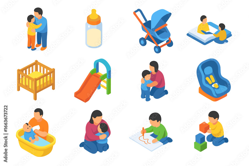 Fototapeta premium Colorful family activities and parenting essentials in isometric design