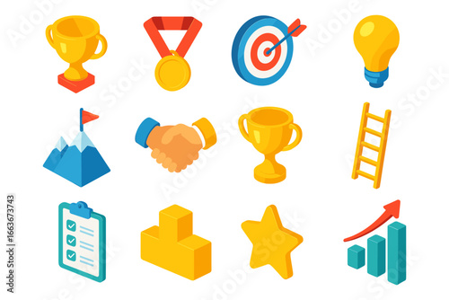 Isometric achievement icons: trophy, medal, target, lightbulb, mountain, handshake