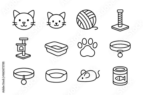 Pet supplies icons set: minimalist cat accessories and toys in linear style