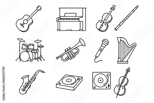 Collection of music instrument outlines: guitar, piano, violin, and more in line art style