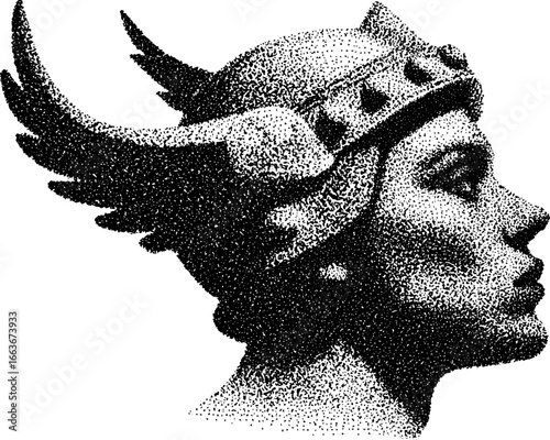 Valkyrie warrior stipple art with dotwork detail