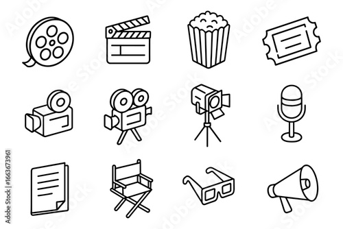 Cinema icons set: linear style popcorn, clapperboard, ticket, and more