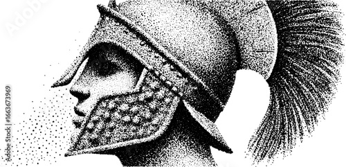Stippling dotwork illustration of a valkyrie warrior in profile view