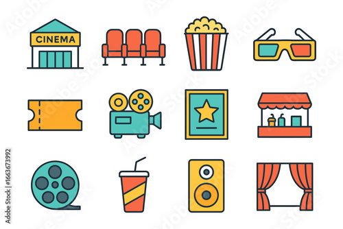 Colorful cinema icons set featuring movie theater elements