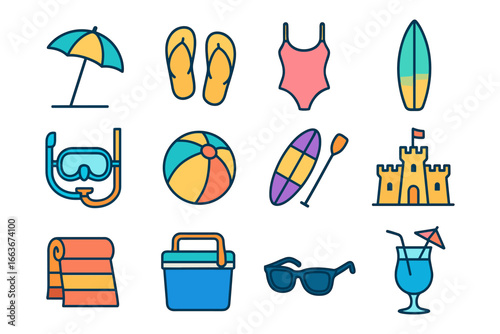 Colorful beach icons collection featuring umbrella, swimwear, and surfboard
