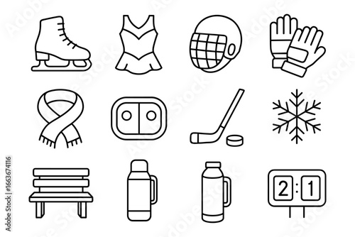 Winter sports icons: ice skating, hockey equipment, and winter accessories in outline style