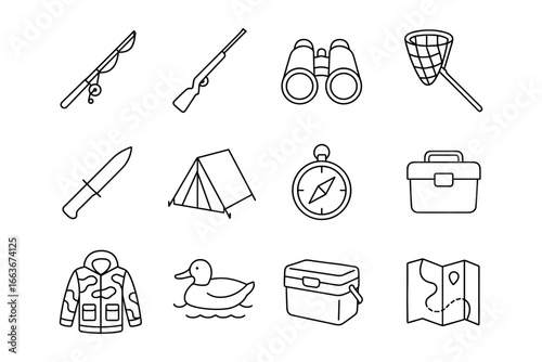 Set of camping and hiking gear icons including compass and tent in linear style